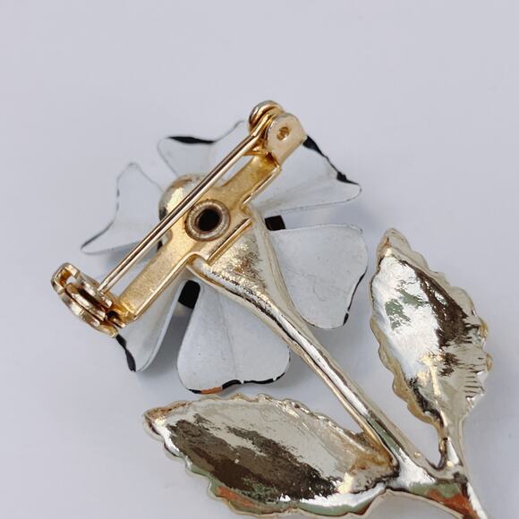 VTG 1960s Brooch Mod Enamel Flower Black White Mid Century Statement Pin - Picture 9 of 9